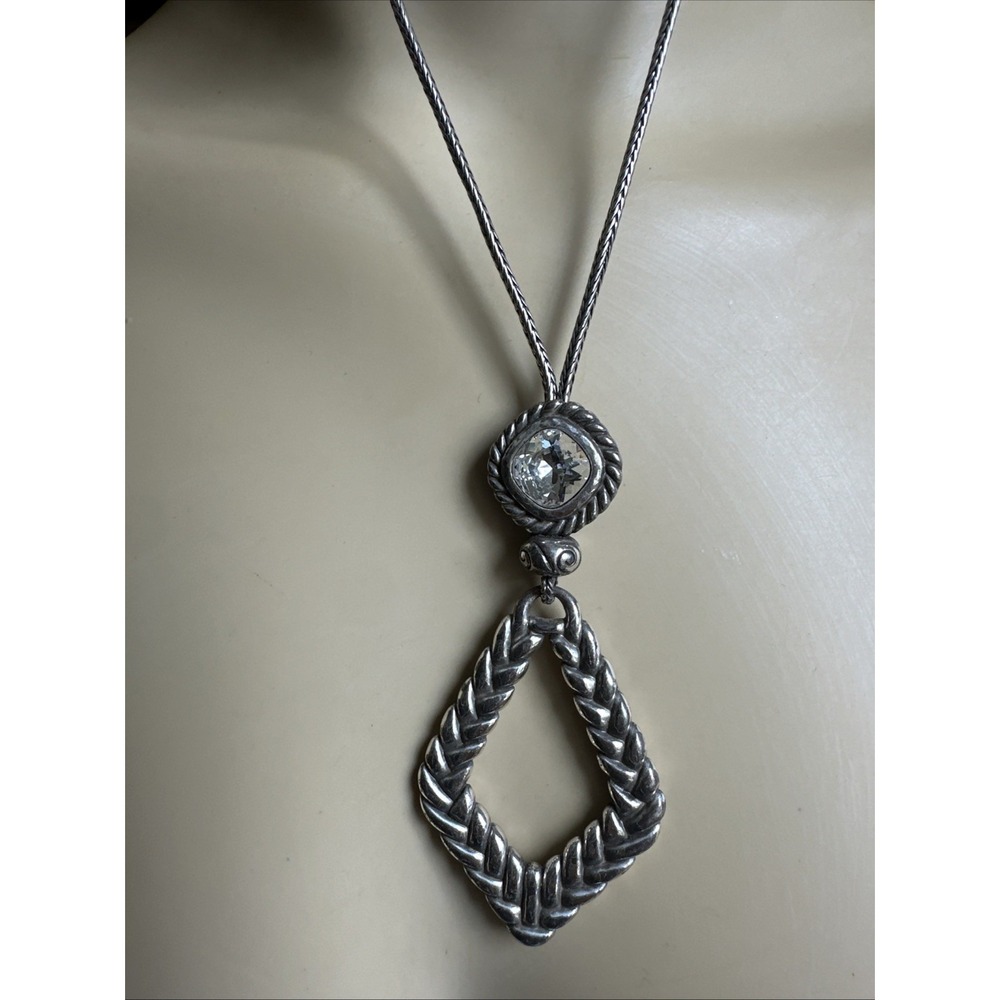 Brighton Pendant Necklace Swarovski Crystal Drop 35‎ Inch Silver Plate Geometric